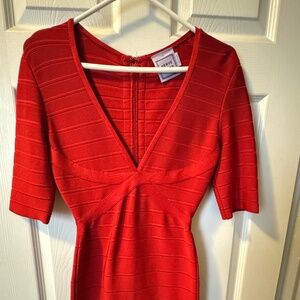 Hervé Léger Andrea V-Neck Bandage Mini Cocktail Dress Lipstick Red Women's sz S